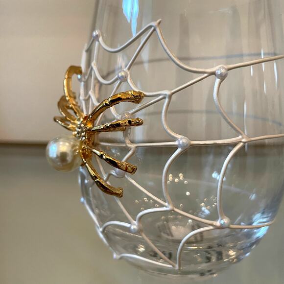Gorgeous Halloween Jeweled Spider on Web w/ Pearl Stemless Wine Glass Set of 2 - Picture 8 of 15